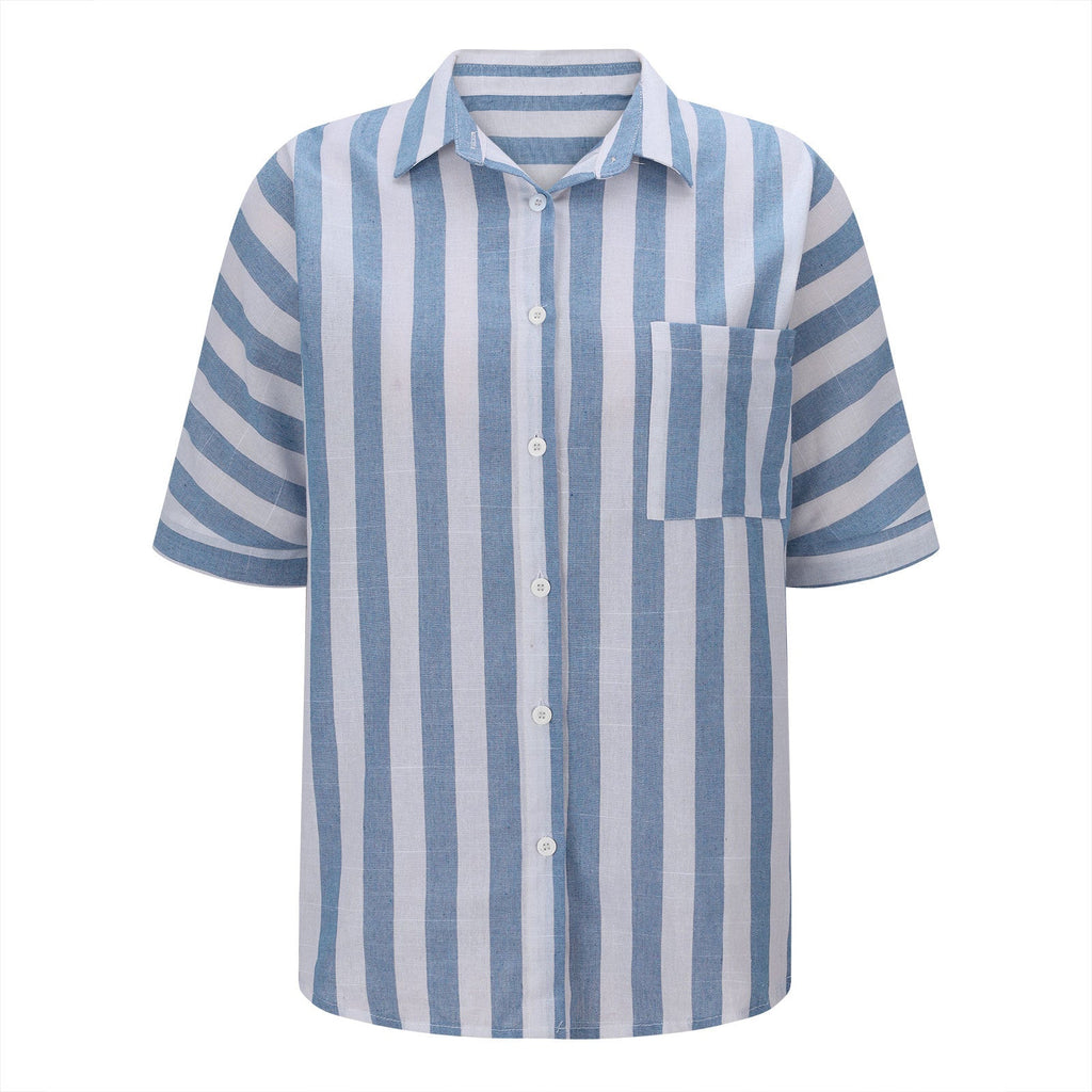 Madam Striped Short Sleeve Lapel Casual Button Pocket Cardigan Short Sleeve Shirt