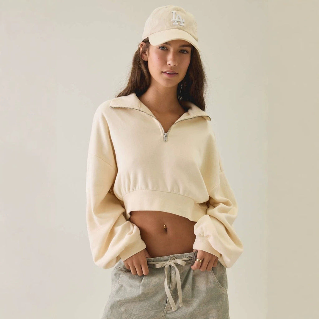 Women's Half-Zip Lapel Sweatshirt - Loose Fit Puff Sleeve Short Pullover Top Casual European Style