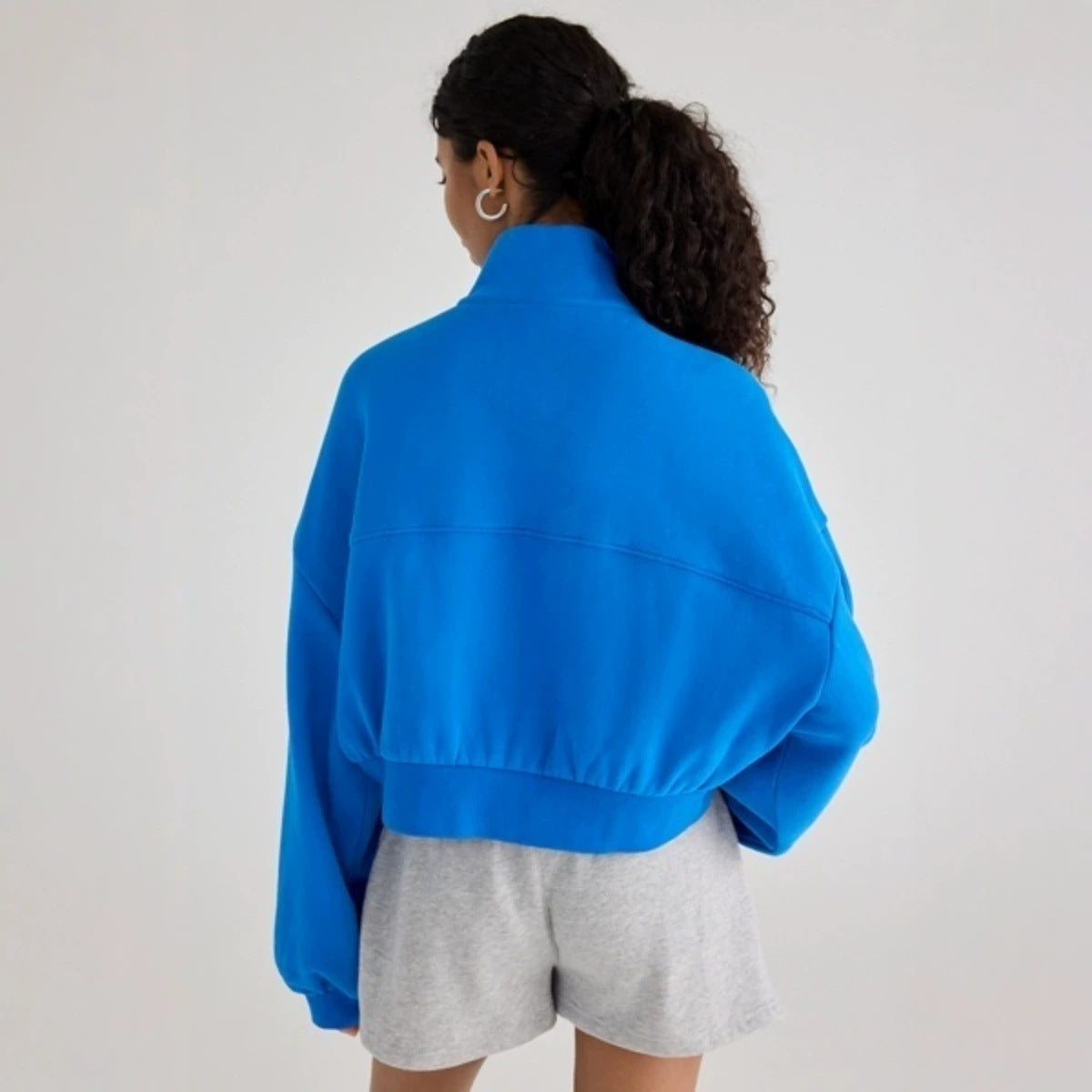 Women's Half-Zip Lapel Sweatshirt - Loose Fit Puff Sleeve Short Pullover Top Casual European Style