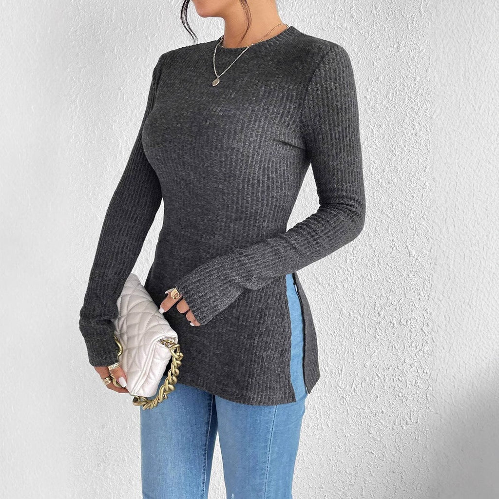 Slim Fit Sexy Women's Fall Winter New Arrival Solid Color Ribbed Brushed Knit T-Shirt With Round Neck And Ribbed Hem