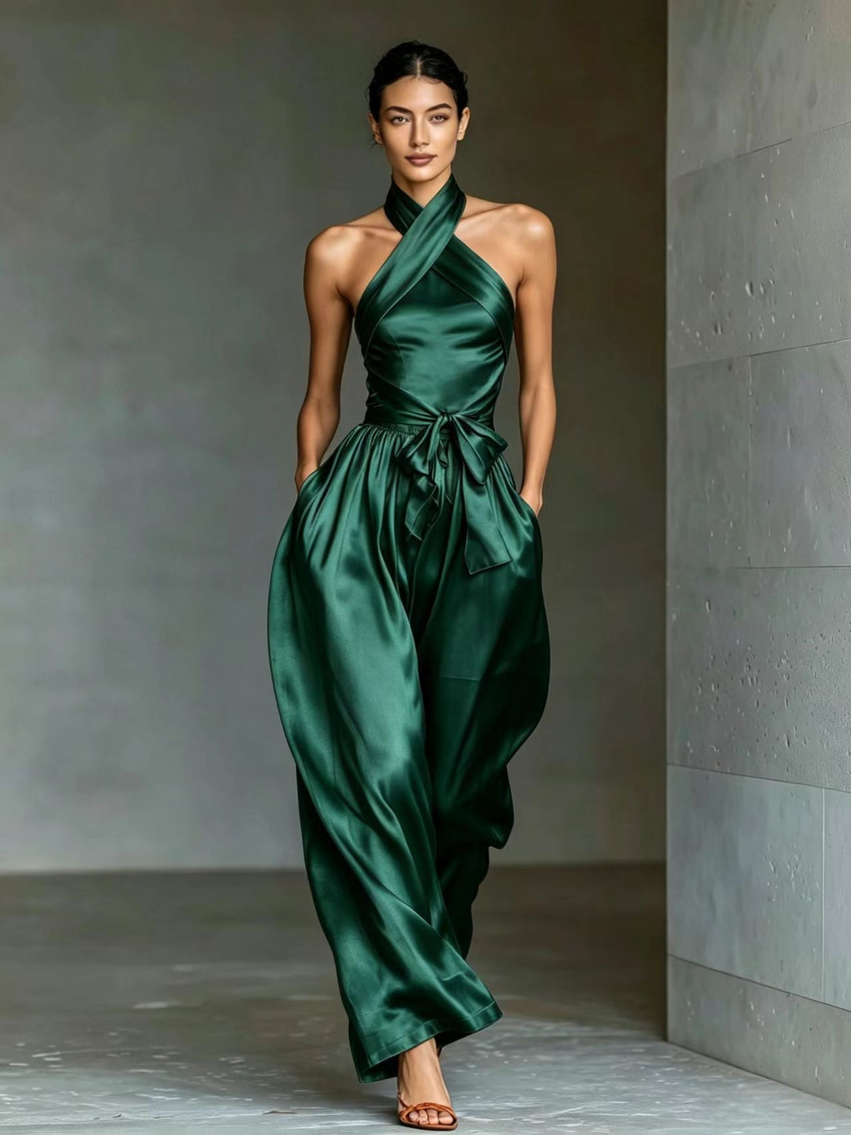 European And American Cross-border Women's Satin High-end Waist-cinching Slit Strap Solid Color Evening Dress Jumpsuit For Women