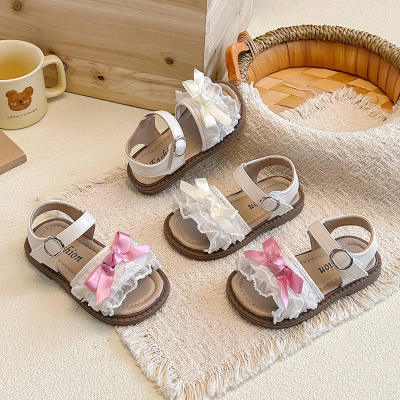 2026 Spring Summer Ins Kids Sandals, Korean Style Girls Flat Princess Shoes With Bow & Mesh Lace Trim