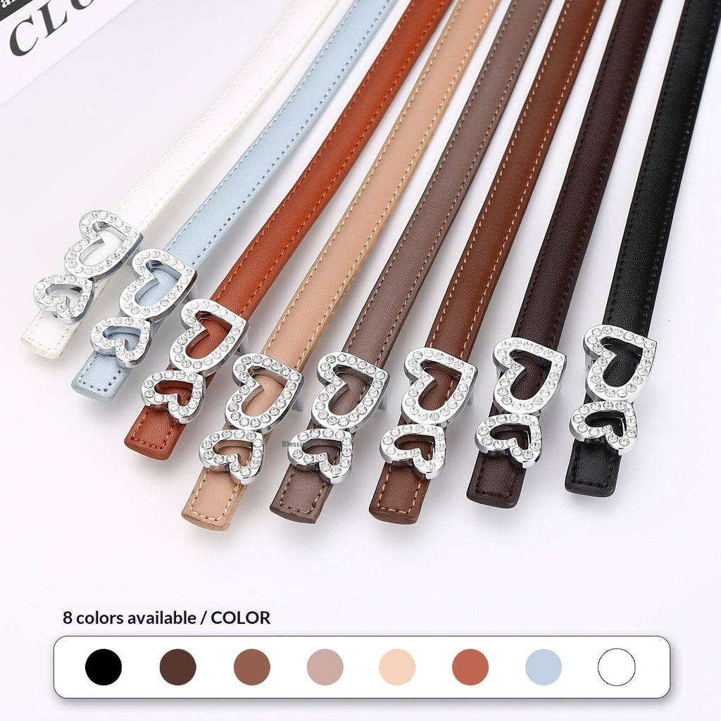 Genuine Cowhide Women's Slim Belt - Heart Shape Rhinestone Decorated Thin Waist Strap for Dress