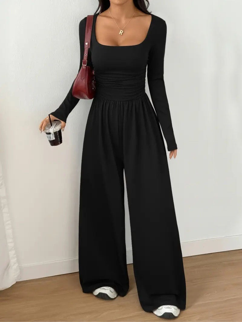 European And American Women's Clothing For Spring And Autumn, New Amazon Cross-border Women's Simple Style Solid Color Casual Long-sleeve Wide-leg Jumpsuit