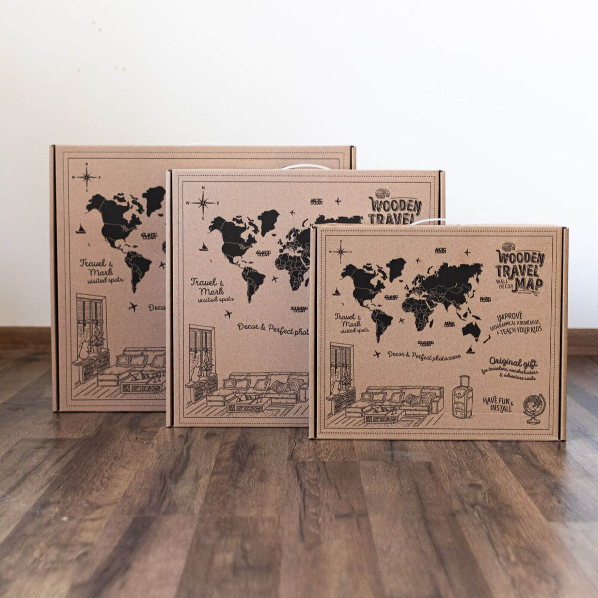 3D Wooden World Map Cappuccino
