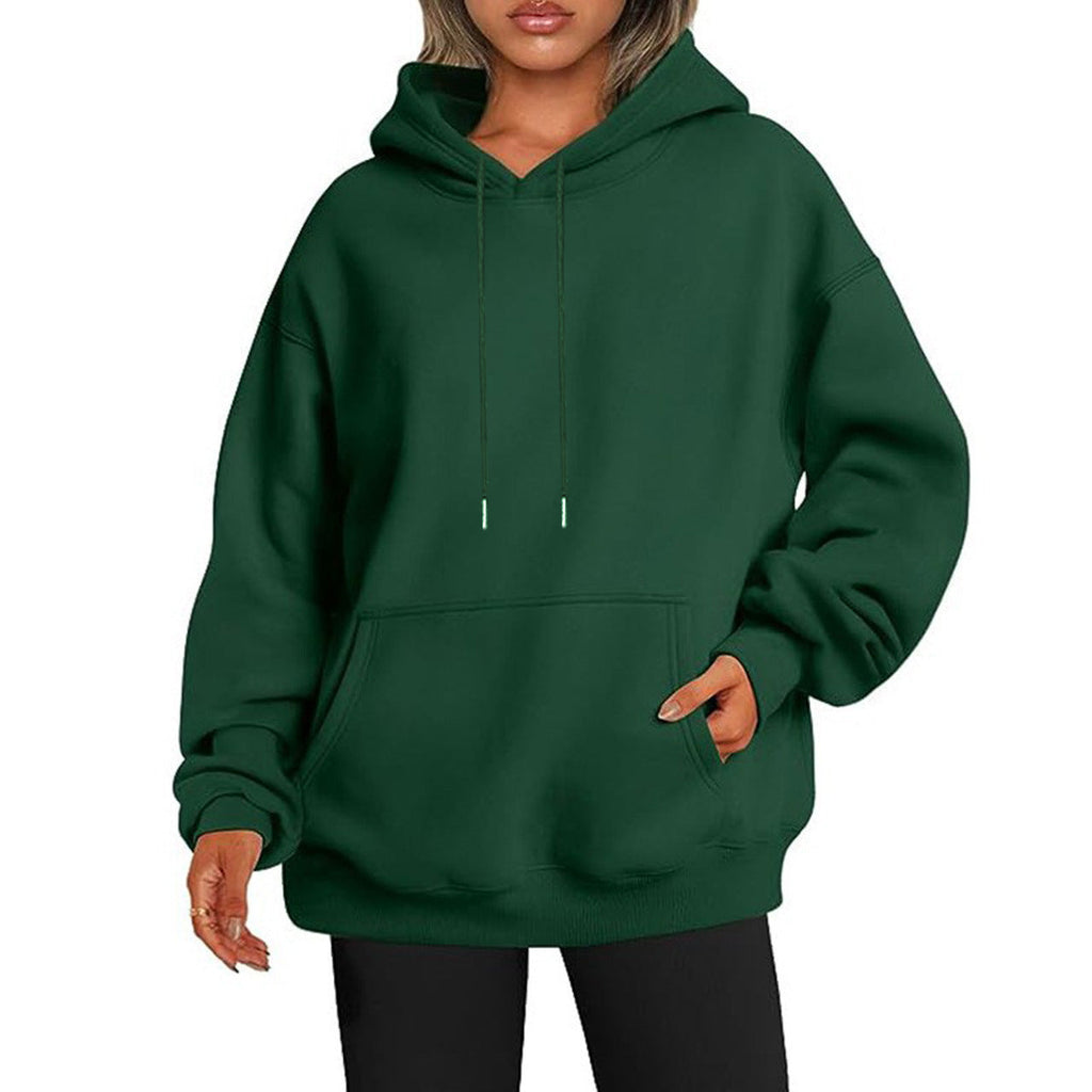 Women's Solid-color Loose-fit Drop-shoulder Hooded Sweatshirt