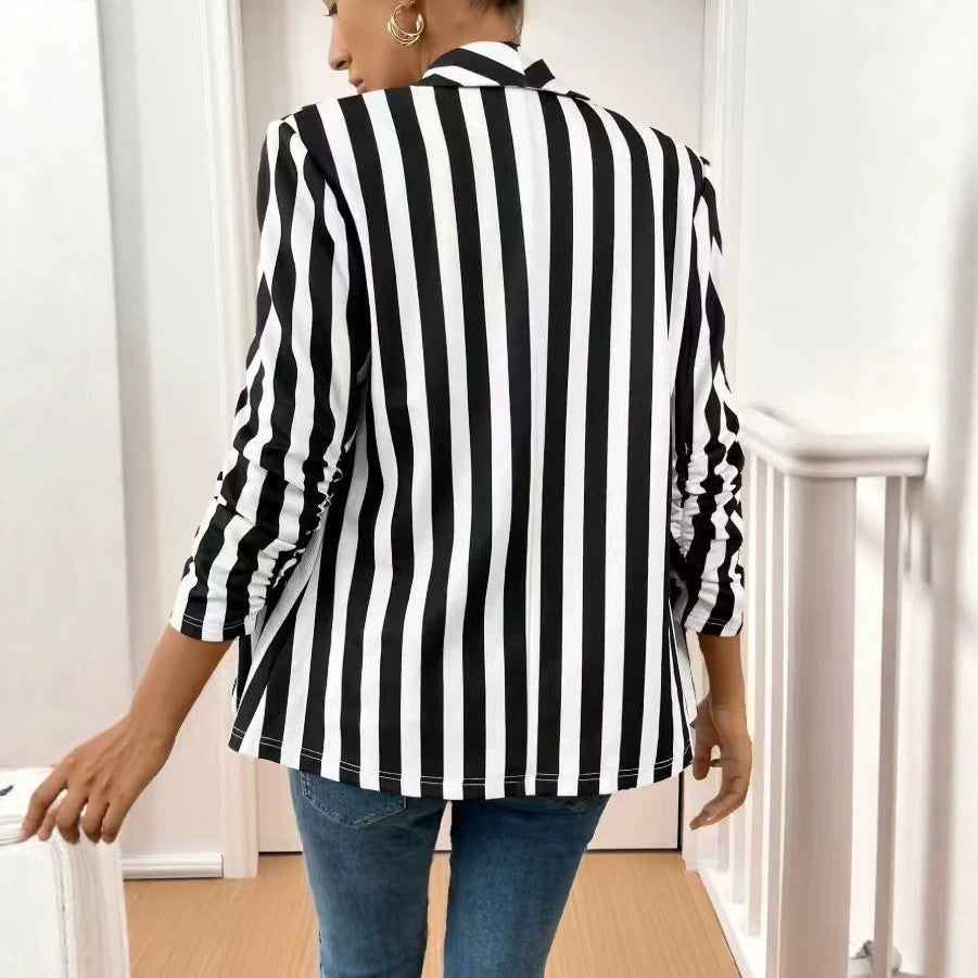 Womens Lapel-striped Single-button Cardigan Blazer