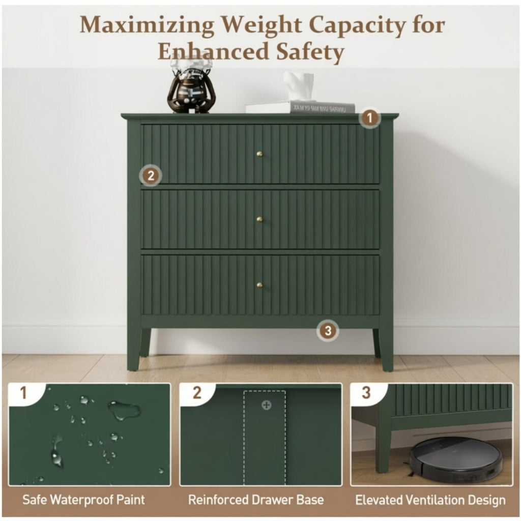 32" Wide Green Fluted 3-Drawer Nightstand