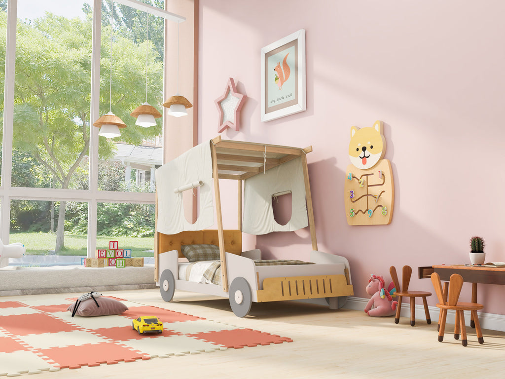 Wood Twin Size Car Bed with Pillow, Ceiling Cloth