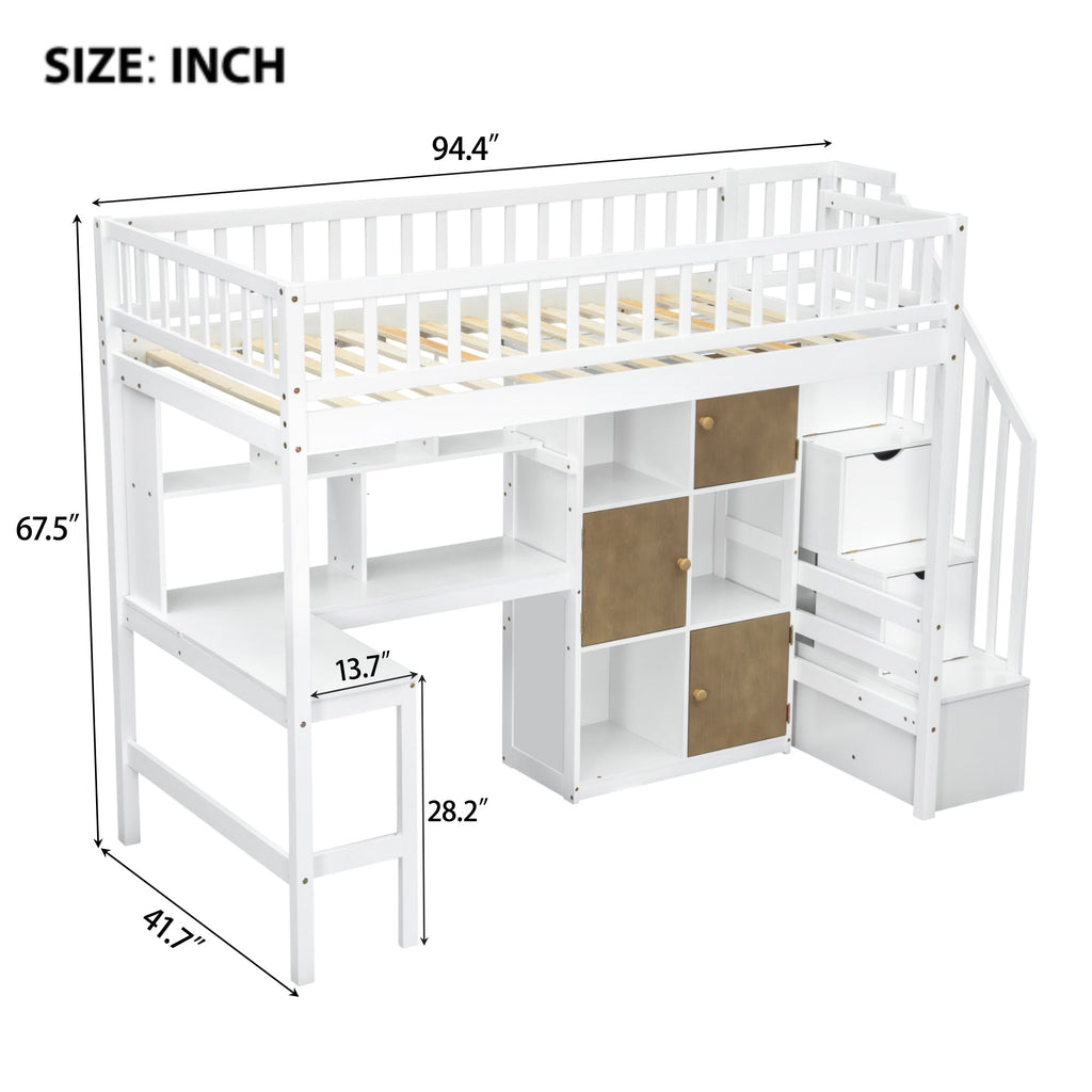 Wood Twin Size Loft Bed with Built-in Desk, LED, Storage Shelves, Cabinets and Staircase
