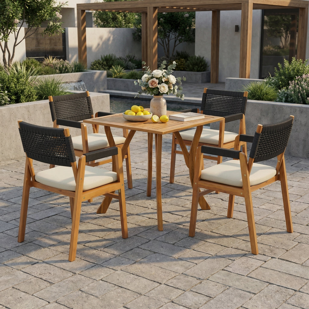 Outdoor 5 Pieces Rustic Patio Acacia Bistro Set with Cushions