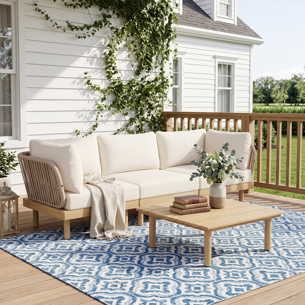 4-Piece Acacia Wood Outdoor Sofa Set with Rope Back & Weather-Resistant Cushions