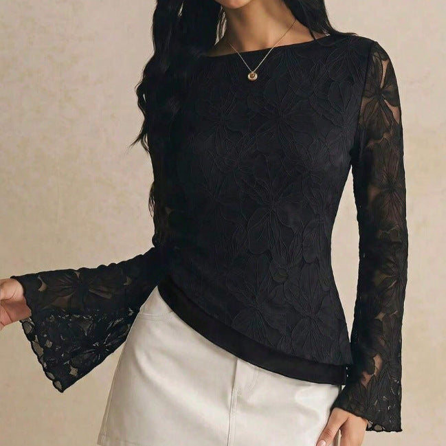 Women's Lace-Panel Long-Sleeve Embroidered Top