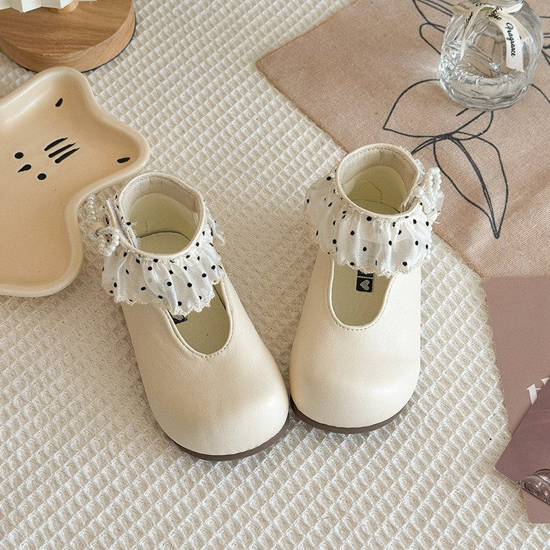 2026 Spring New Kids Princess Shoes, Lace Ruffle Pearl Decor Flats, Elegant Fashion Casual Single Shoes For Baby Girls
