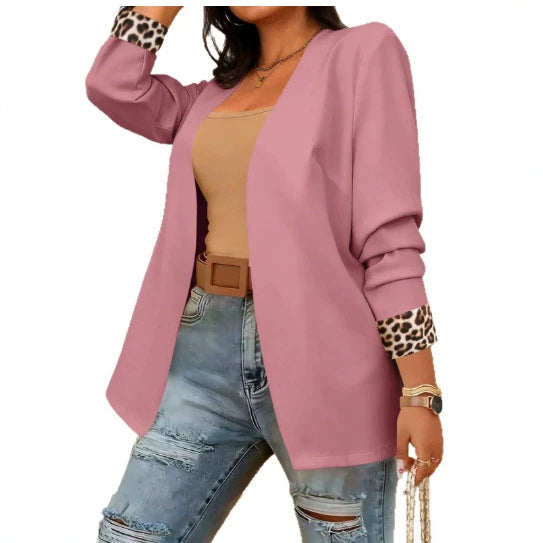 Womens Leopard-Print Patchwork Long-Sleeve Blazer