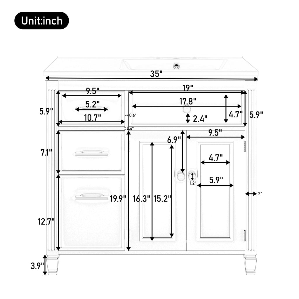 36" Bathroom Vanity with Sink, Ceramic Sink, One Tip-out Drawer, 3 Side Drawers