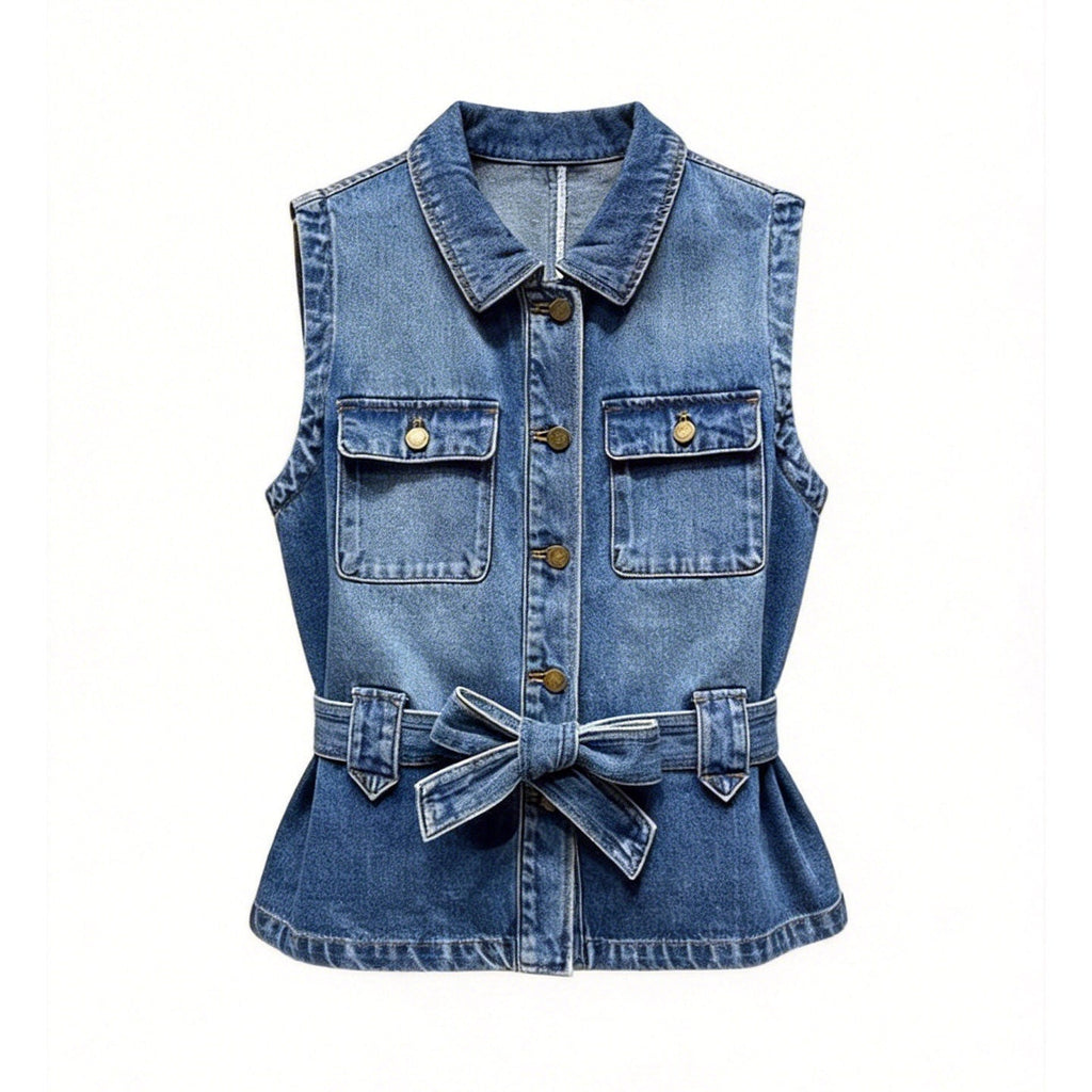 Elegant Washed-and-Faded White Sleeveless Denim Vest