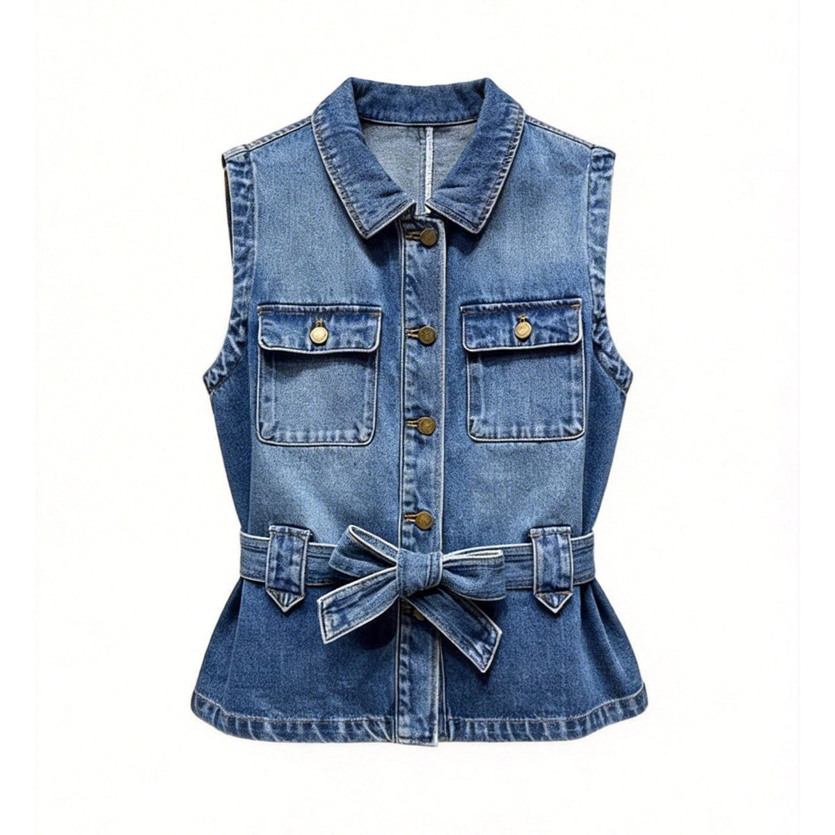 Elegant Washed-and-Faded White Sleeveless Denim Vest