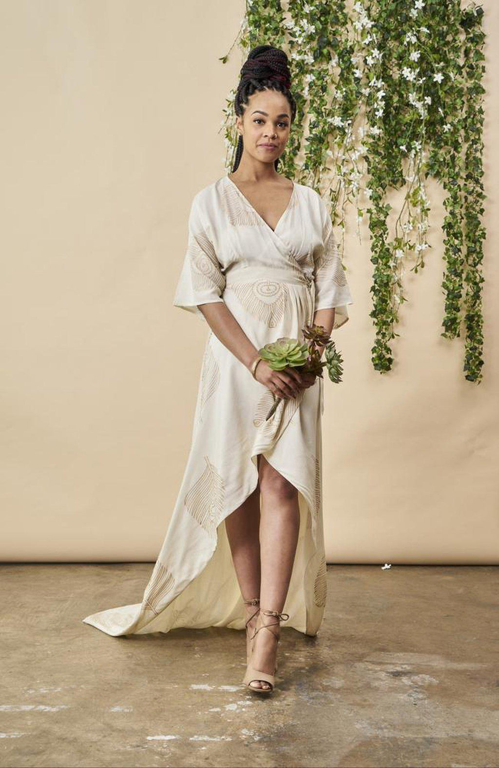 Peacock Feather Maxi Wrap Dress W/ Train in Cream + Gold