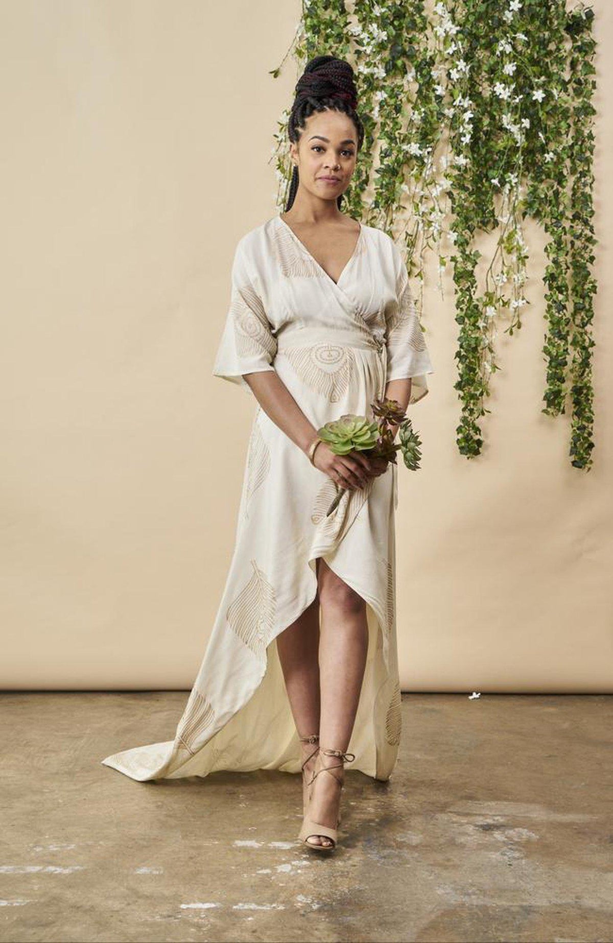Peacock Feather Maxi Wrap Dress W/ Train in Cream + Gold