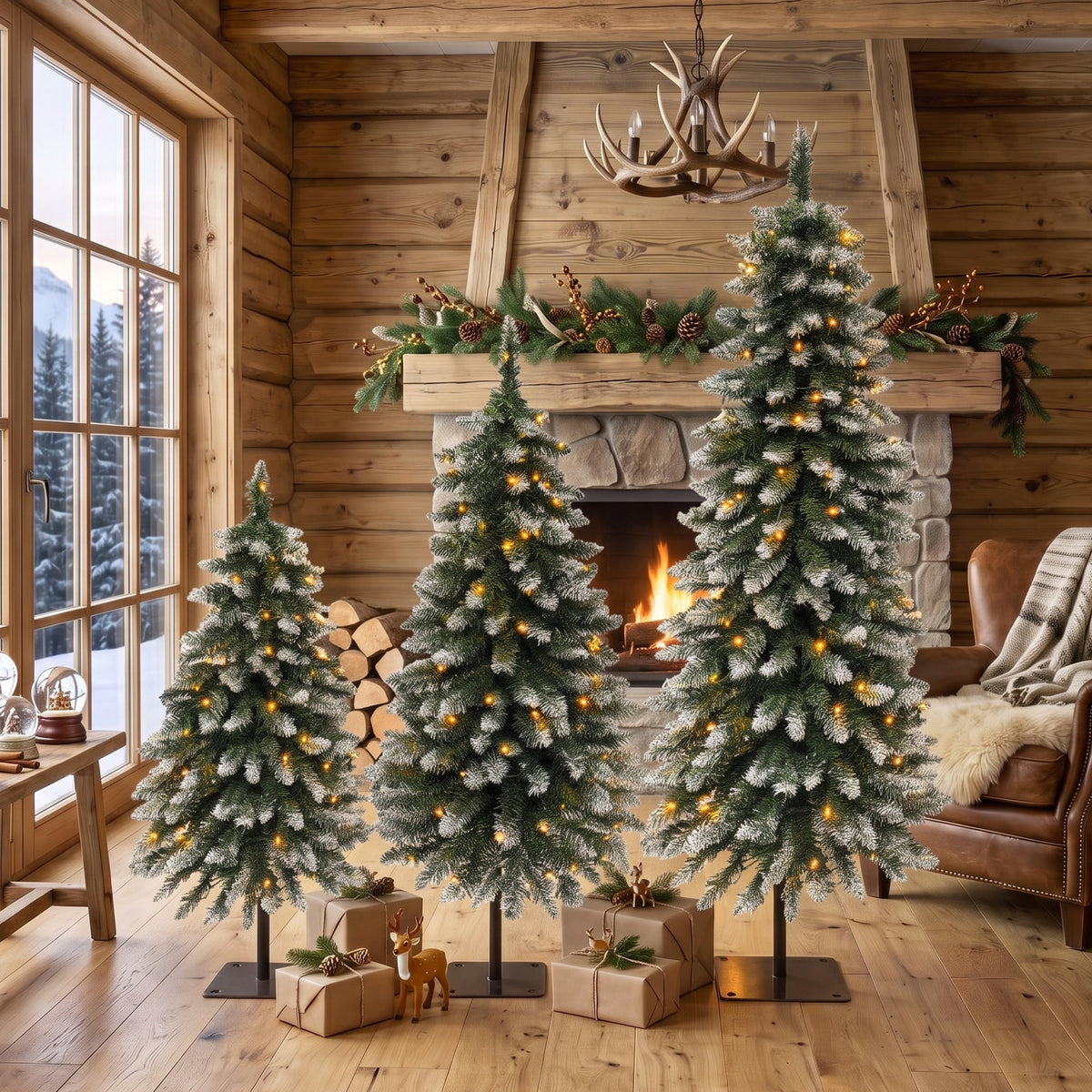 3-Pack Pre-Lit Snow Flocked Pencil Christmas Tree Set