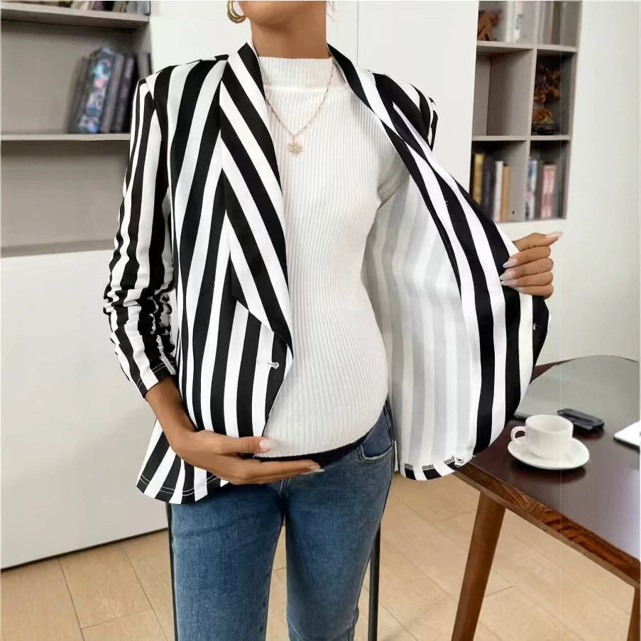 Womens Lapel-striped Single-button Cardigan Blazer