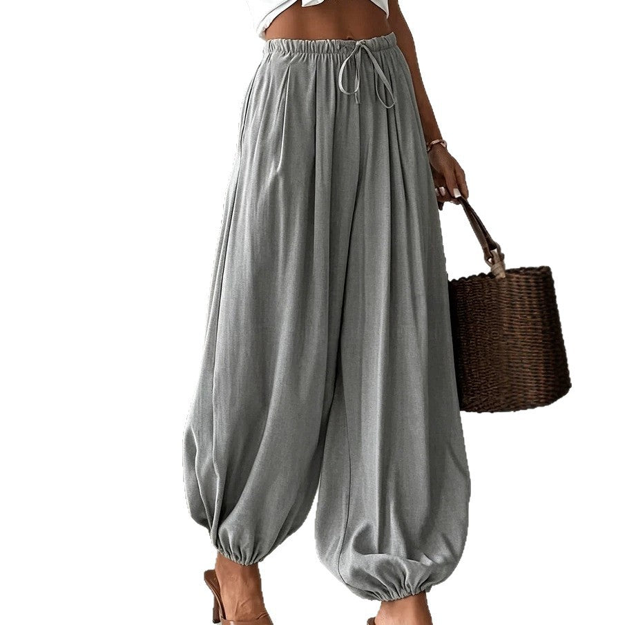 2026 Women's Summer Loose Drawstring Wide-Leg Cropped Pants With Draped Effect Harem Pants For Export Cross-Border Women's Fashion