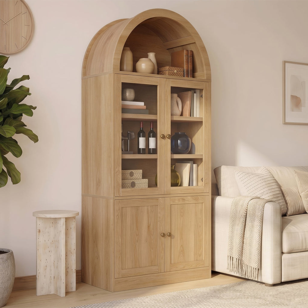 Tall Arched Top Storage Cabinet with Tempered Glass Doors
