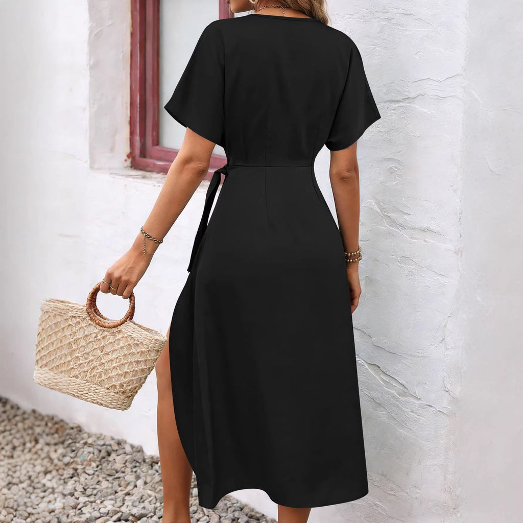 Independent Site European And American Cross-border Satin V-neck Tea Dress Elegant And Stylish With Tie Waist Women's Dress