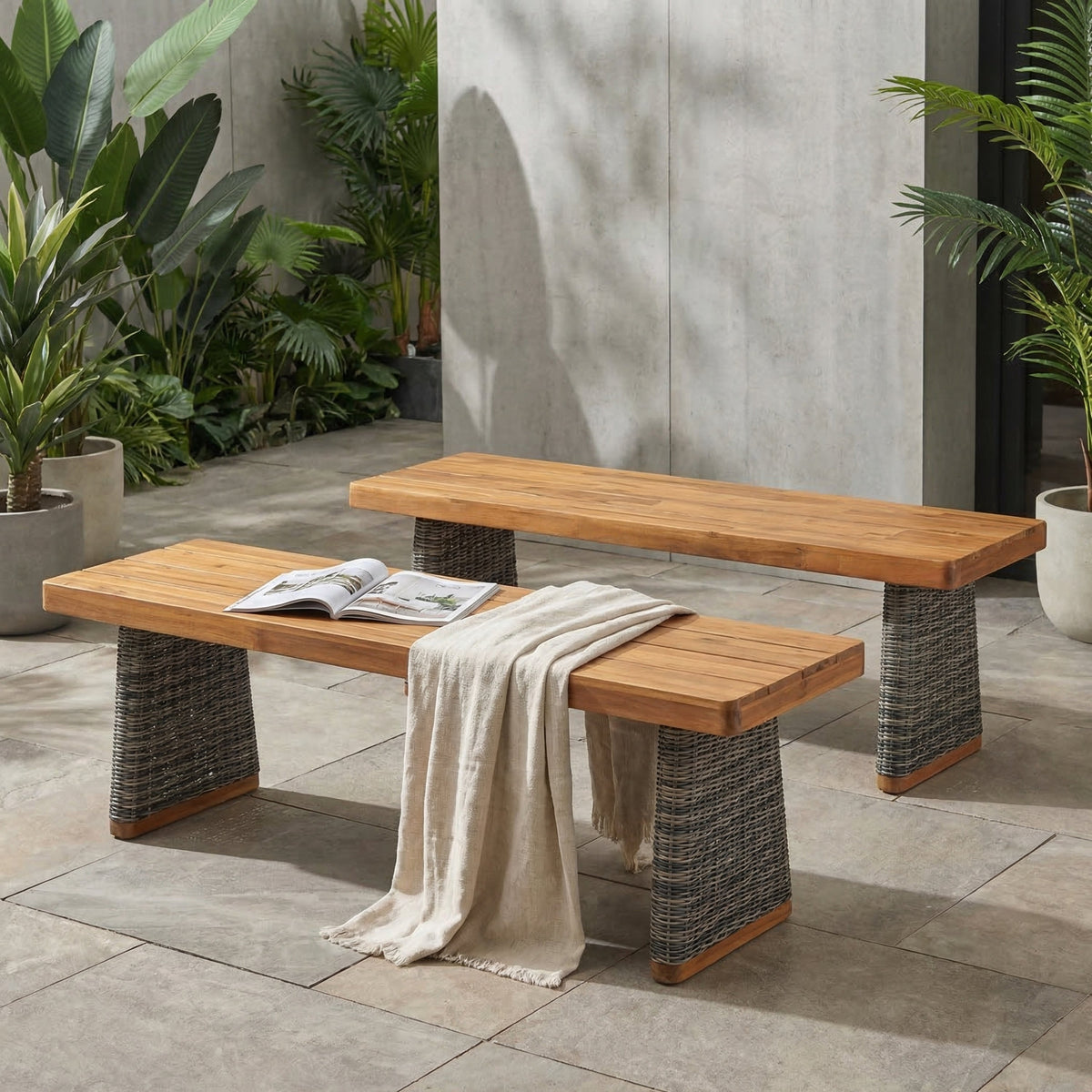 Outdoor Acacia Wood Bench (Set of 2) - Teak Finish