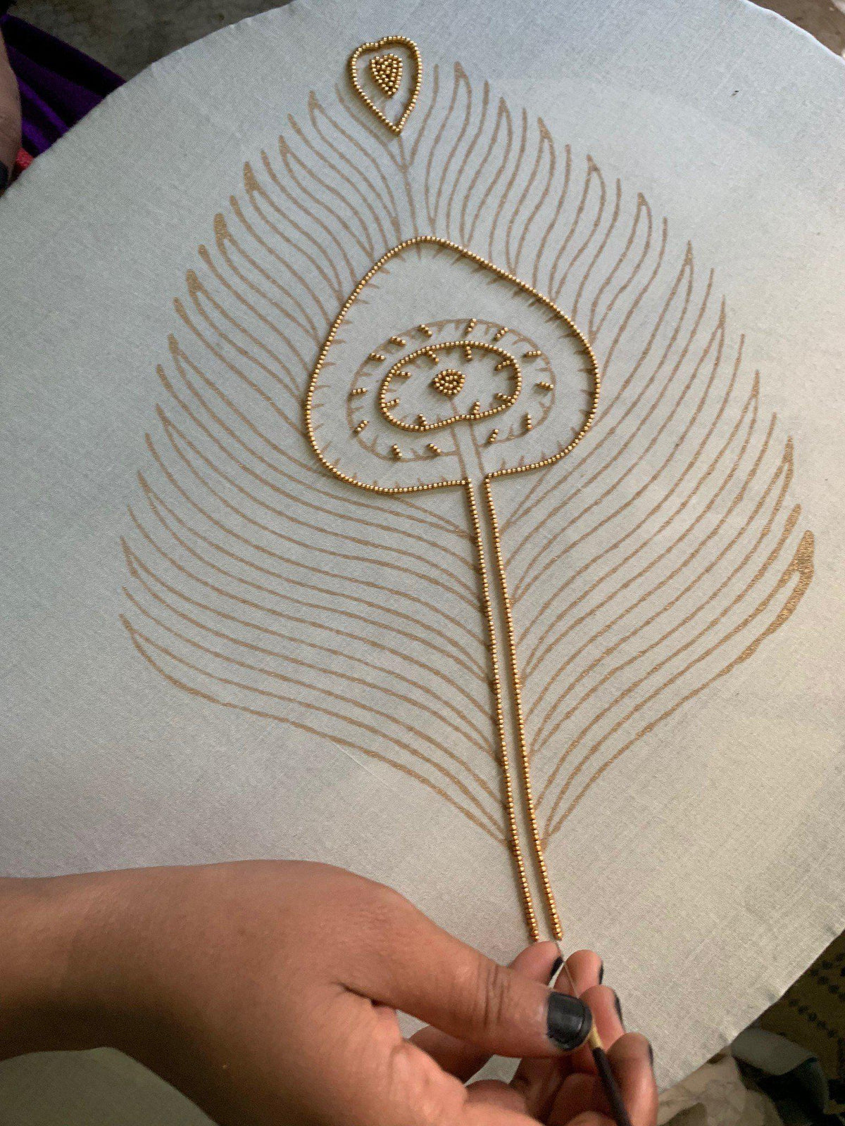 Peacock Feather Maxi Wrap Dress W/ Train in Cream + Gold