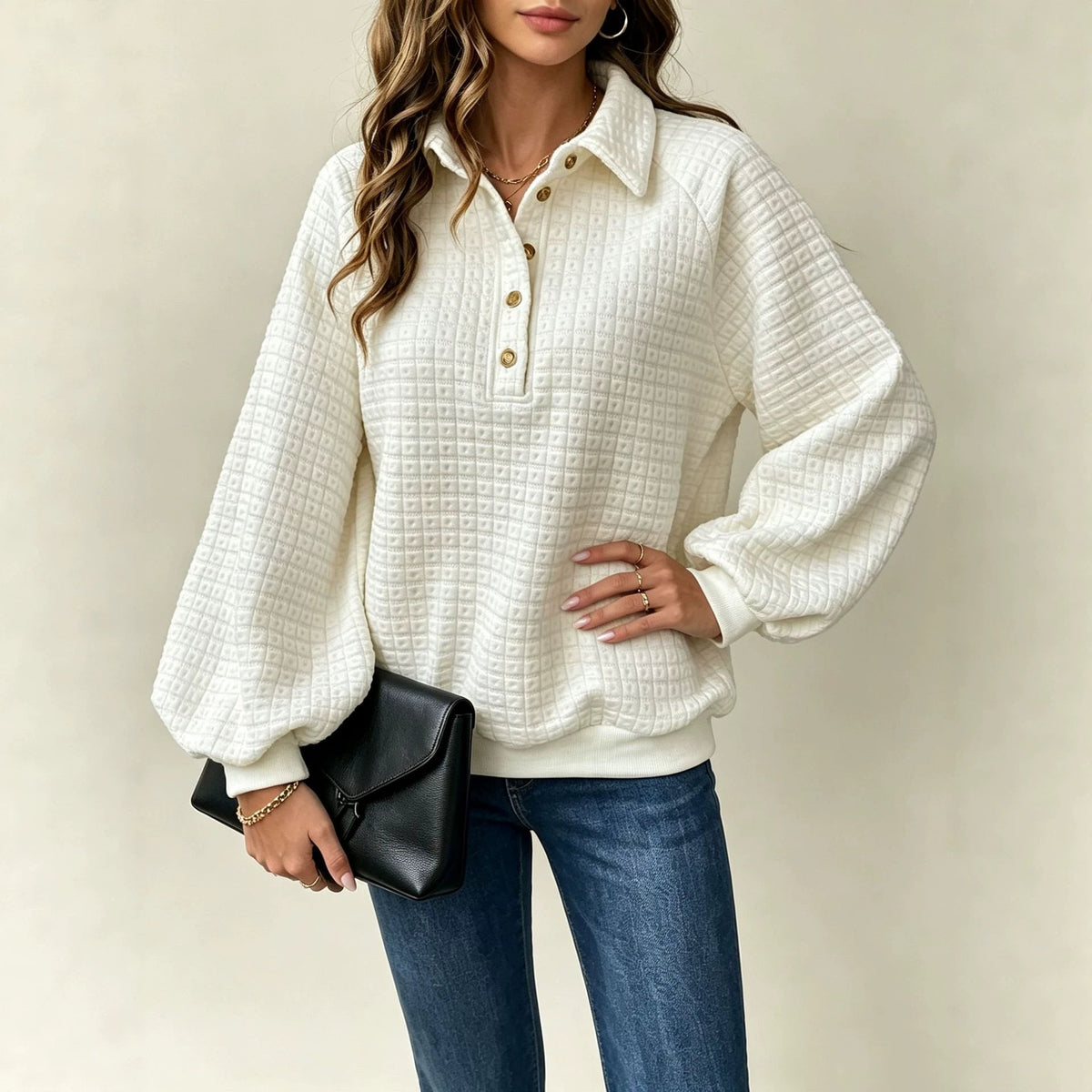 Turn-down Collar Textured Top Women's Pullover Sweatshirt