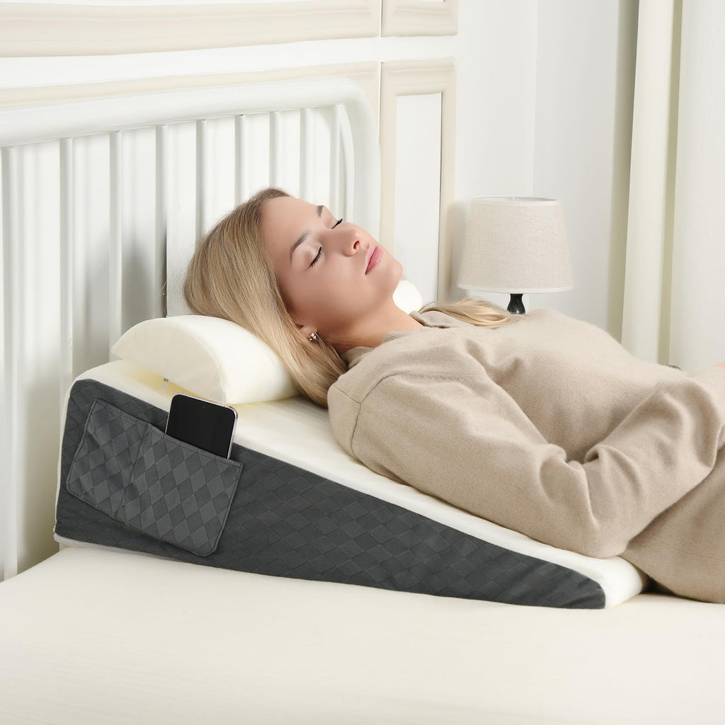 Memeluckon Bed Wedge Pillow for Sleep Apnea 22x22x7 Triangle Wedge Pillow with Neck Pillow for Sleeping Acid Reflux Back Pain Relief Post Surgery GERD Bed Wedge Pillow for Sleep Apnea
