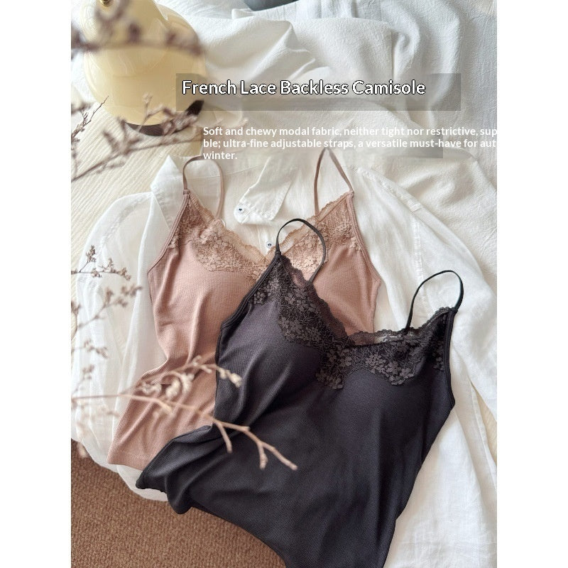 Modal Ribbed Lace Sexy Spaghetti-strapped Camisole Bra With Built-in Padding