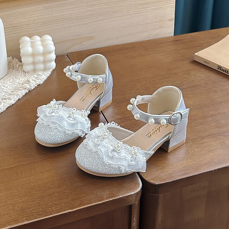 2026 New Girls Princess Sandals, Kids Pearl Closed-Toe Low Heel Shoes, Soft Sole Performance Dance Shoes For Little Girls