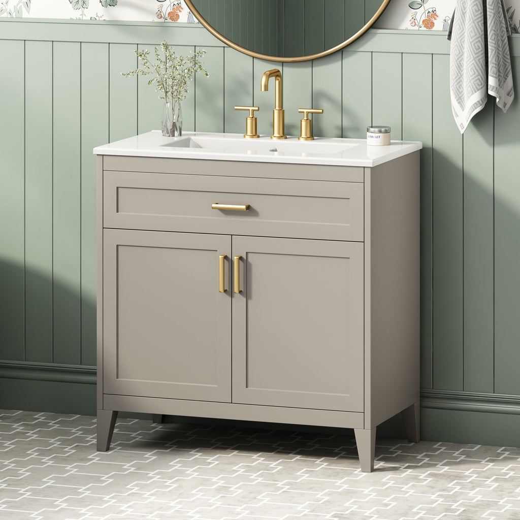 30" Bathroom Vanity with Ceramic Sink Top, Solid Wood Legs