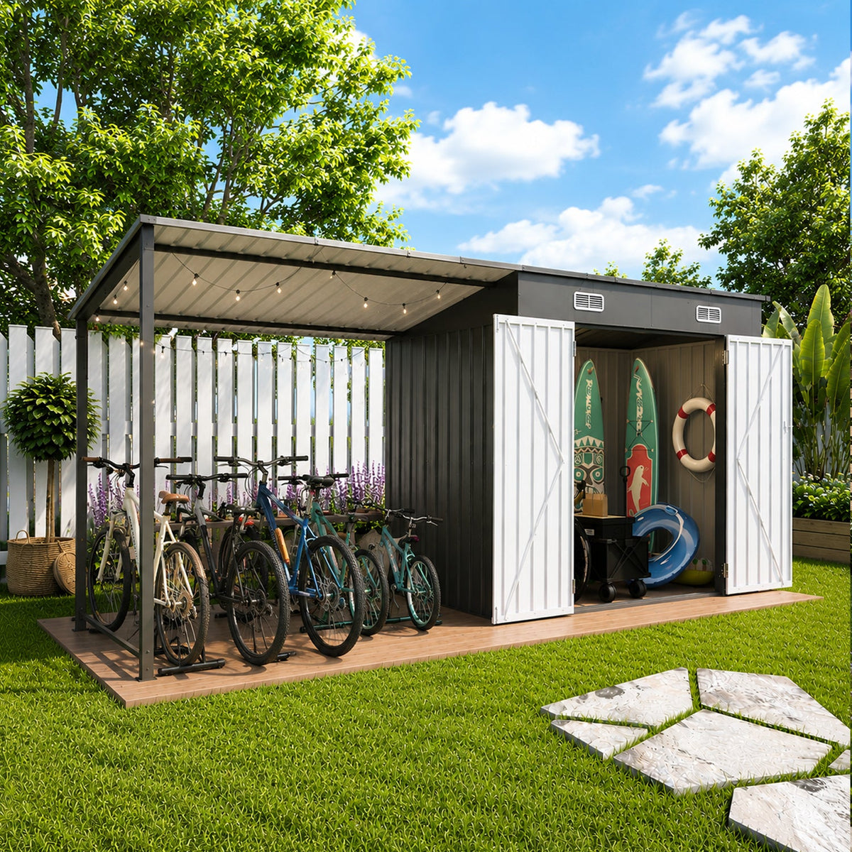 12x4 FT Metal Lean-To Shed with Pergola & Hardtop Gazebo Combo