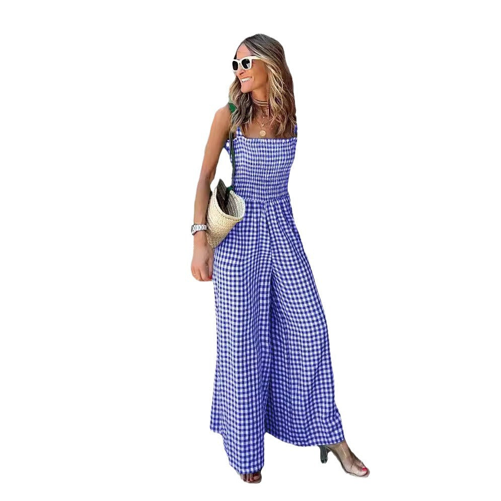 Cross-Border Independent Station Amazon 2022 Summer Elegant Women's Pants Plaid Jumpsuit Mid-Waist Casual Pants