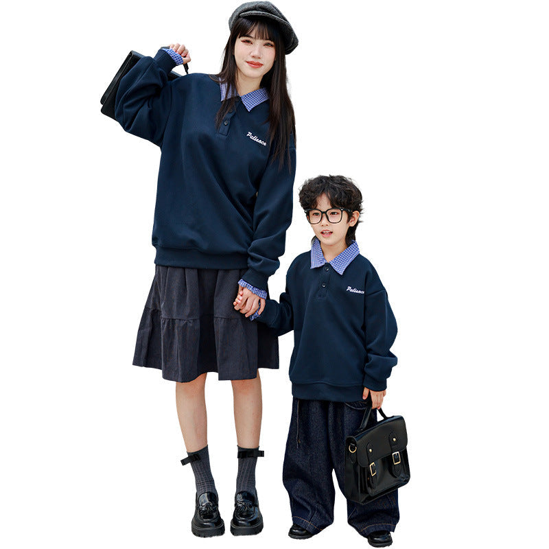 Retro Parent-child Outfit Plaid Patchwork Shirt-collar Hoodie Faux Two-piece Pullover Top