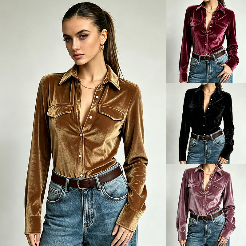 Autumn Holiday Pocket-Style Button-Up Shirt For Women Solid-Color Velvet Lapel Long-Sleeve Top