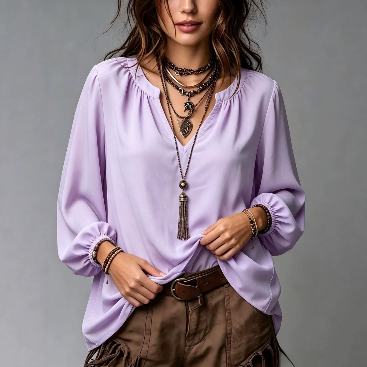 Elegant V-neck Shirt With Puff Sleeves For Women