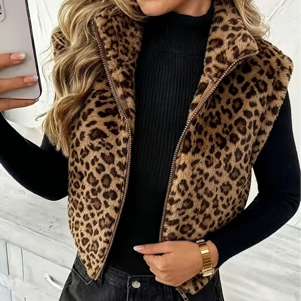 Leopard-print Sleeveless Vest Double-sided Fleece Jacket