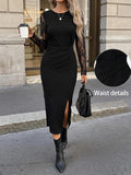 Women's Lace-panel Long-sleeve Slit Dress