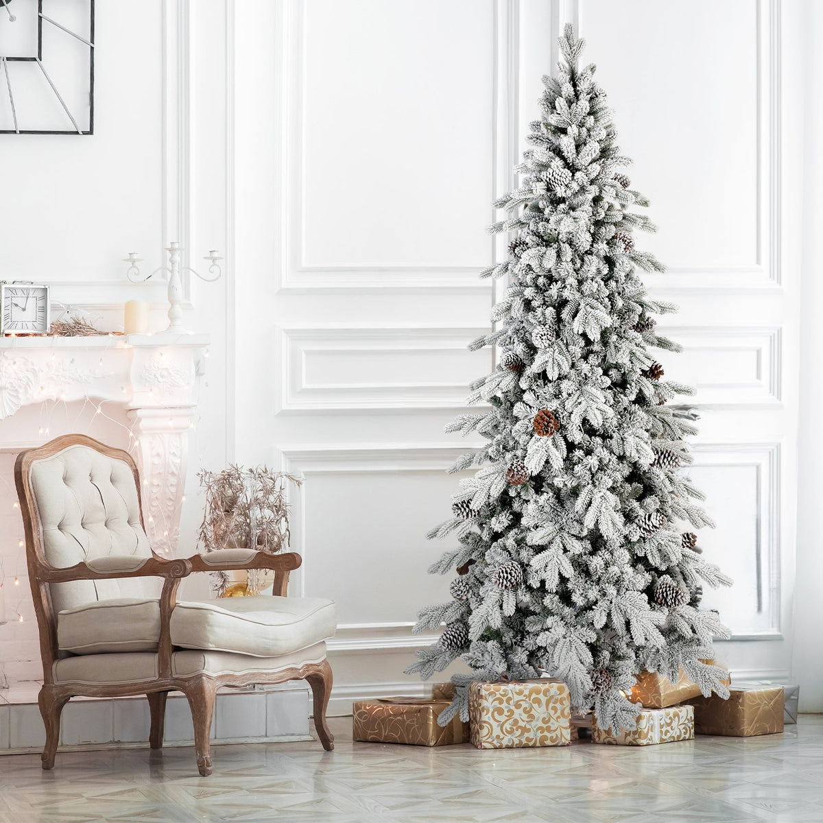 8 FT Flocked PE/PVC Christmas Tree with 44 Natural Pine Cones