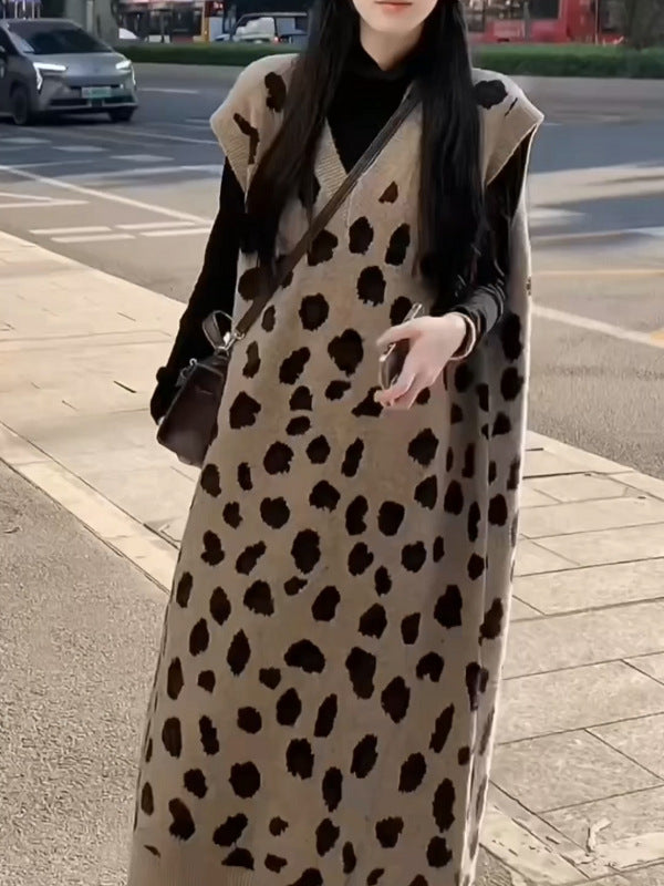 Womens Relaxed-fit Leopard-print Knitted Fashion Midi Vest Dress