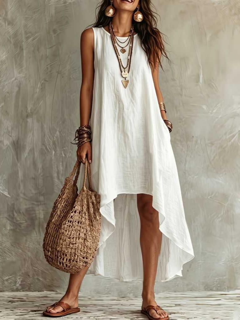 Womens Casual Round-neck Sleeveless Loose-fitting Midi Dress