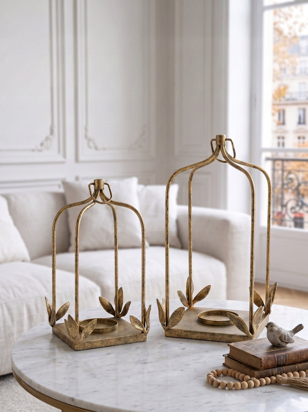 Set of 2 Luxe Distressed Golden Arched Iron Lantern