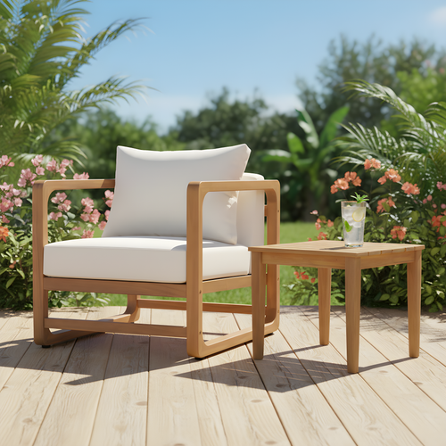 Acacia Wood Lounge Chair & Rustic Slat Side Table Set