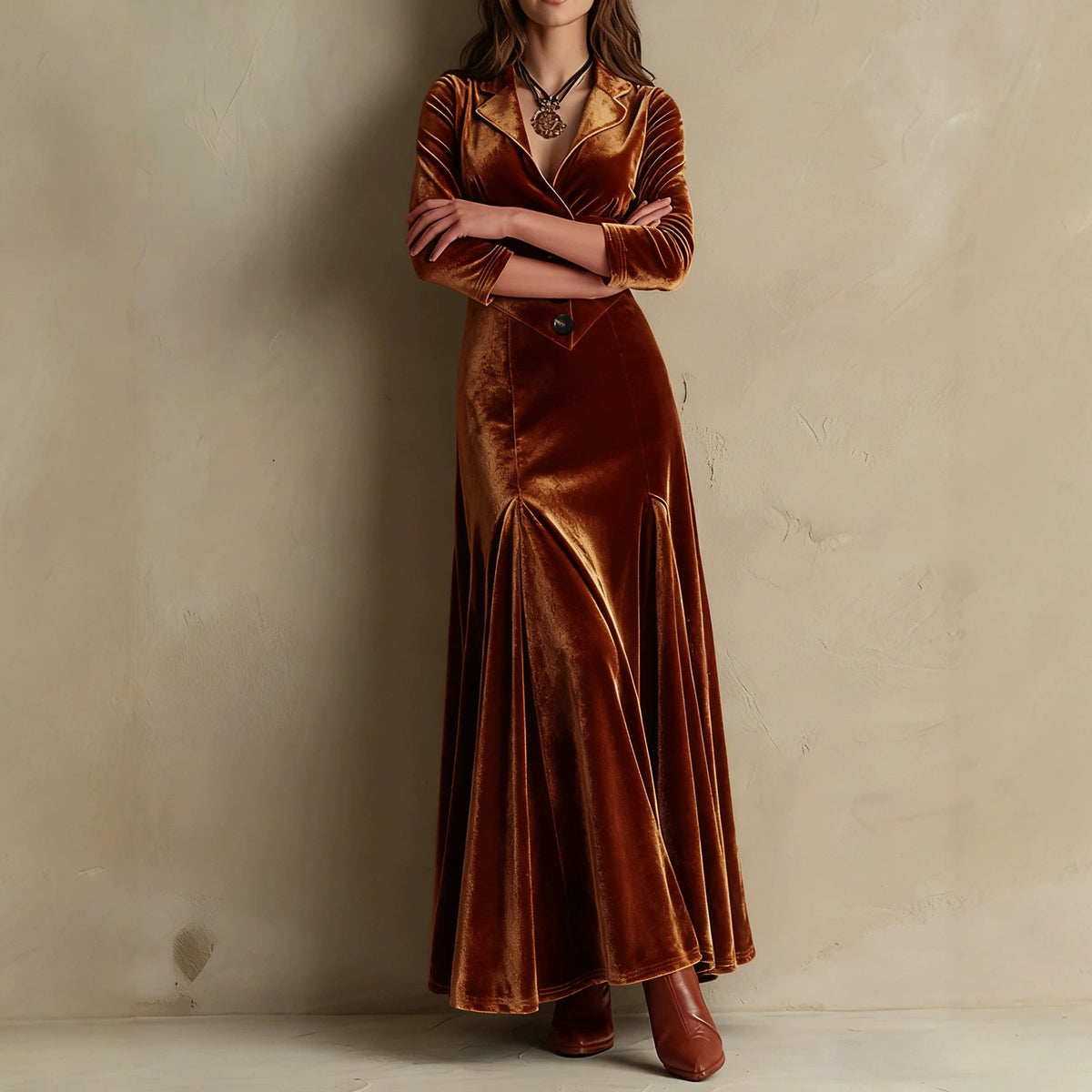Elegant Collar-necked Long-sleeved Waist-cinching Dress