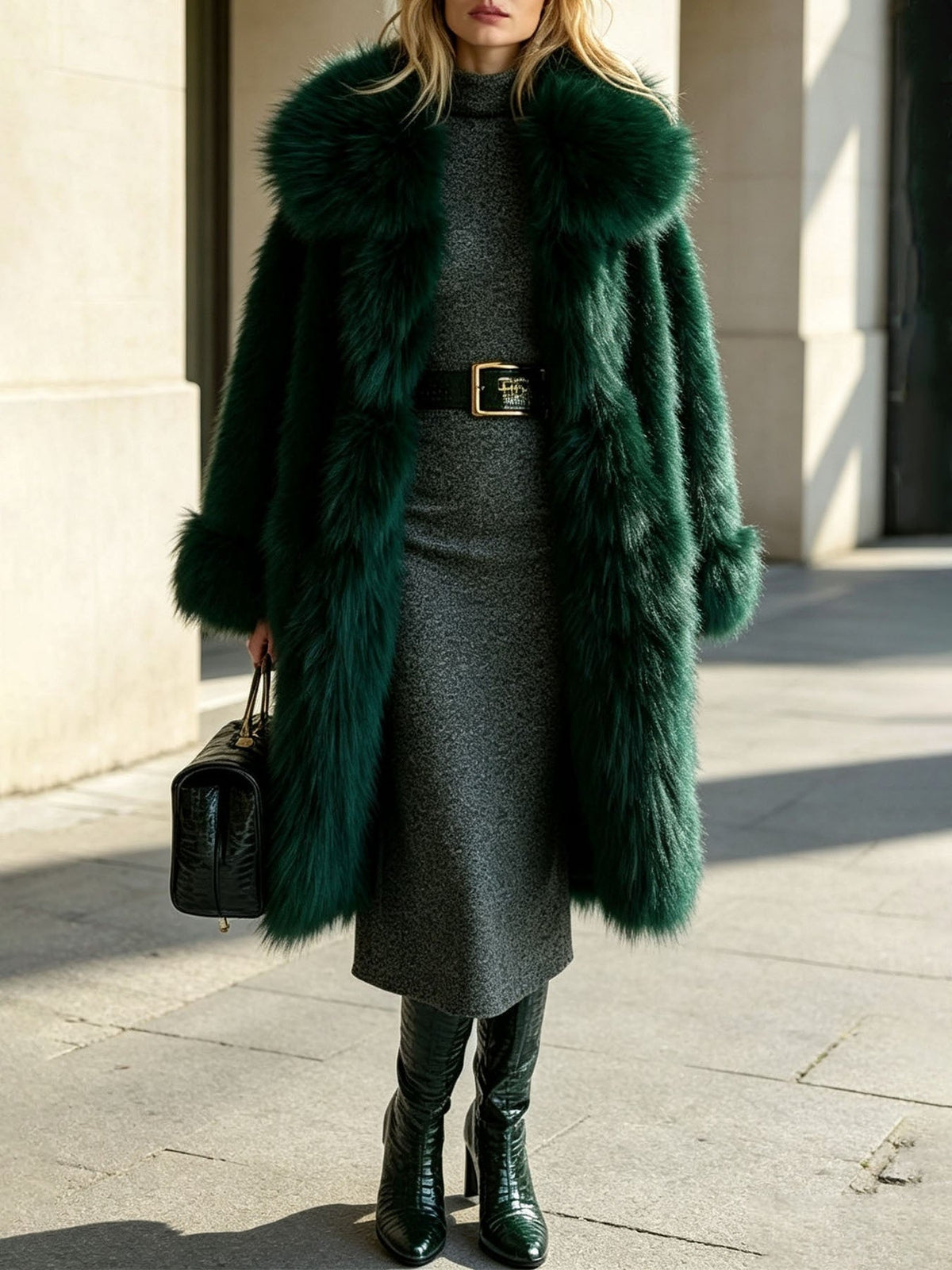 Wide Lapel Loose Long Dark Green Faux Fur Coat